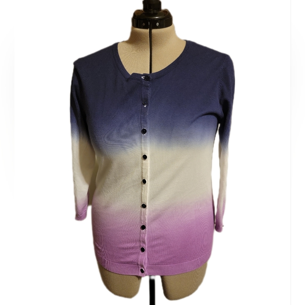 🔖Talbots Cardigan 3/4 Sleeve Purple Blue Ombre Tie Die Sz L